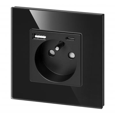 Gniazdo pojedyncze 2P+Z, USB-A + USB-C, PD, max. 20W, czarny (OR-AE-13308/B)