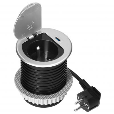 Gniazdo meblowe O6cm wpuszczane w blat z pokrywką, ładowarką USB i przewodem 1,9m, 1x2P+Z (French), (OR-GM-9040/G)