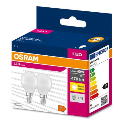 Żarówka LED /2szt./ Kulka E14 4,9W=40W 470lm 2700K ciepła biel OSRAM (4058075479210)