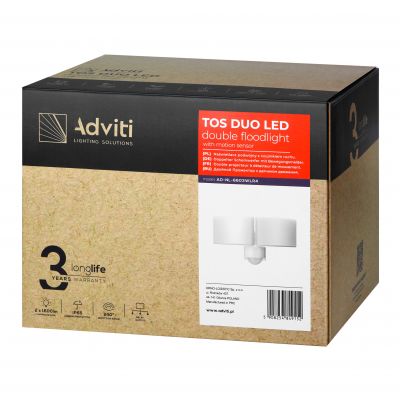 TOS DUO LED 2x20W podwójny naświetlacz ogrodowy z czujnikiem ruchu PIR 2x1600lm IP65 4000K neutralna biel PC biały AD-NL-6603WLR4 ORNO (AD-NL-6603WLR4)