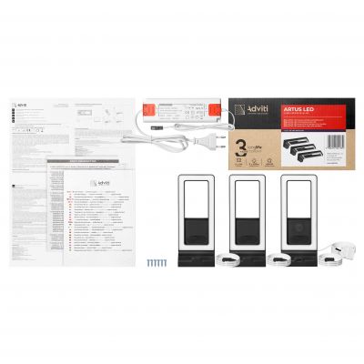 ARTUS zestaw 3 lamp podszafkowych LED, 3x3W, 3x225lm, 4000K, z włącznikiem dotykowym i USB, czarne (AD-OM-6475L4/B)