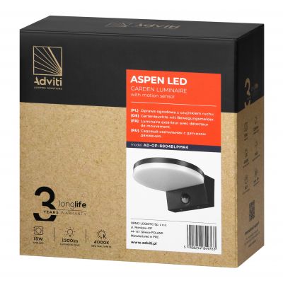 ASPEN LED 15W, oprawa ogrodowa z czujnikiem ruchu PIR, 1300lm, IP65, 4000K, czarna (AD-OP-6604BLPMR4)