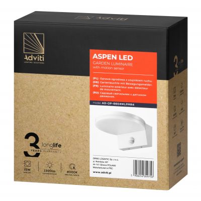ASPEN LED 15W, oprawa ogrodowa z czujnikiem ruchu PIR, 1300lm, IP65, 4000K, biała (AD-OP-6604WLPMR4)