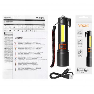 Latarka LED, 270/105lm, 1200mAh, przecinak do pasów, młotek bezpieczeństwa (LT-30)