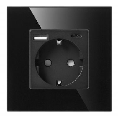 Gniazdo pojedyncze 2P+Z, Schuko, USB-A + USB-C, wyjście 5VDC max. 3A, czarny (OR-AE-13308(GS)/B)