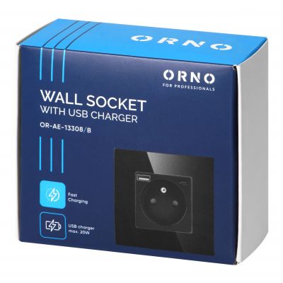 Gniazdo pojedyncze 2P+Z, USB-A + USB-C, PD, max. 20W, czarny (OR-AE-13308/B)