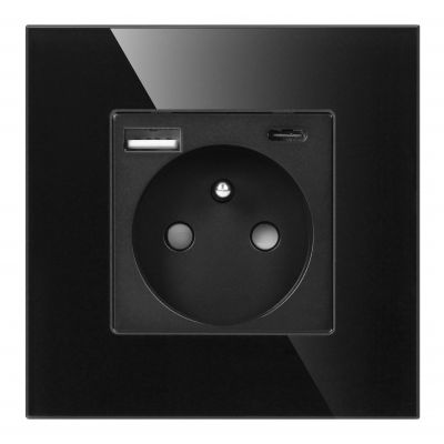 Gniazdo pojedyncze 2P+Z, USB-A + USB-C, PD, max. 20W, czarny (OR-AE-13308/B)