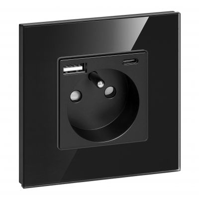 Gniazdo pojedyncze 2P+Z, USB-A + USB-C, PD, max. 20W, czarny (OR-AE-13308/B)