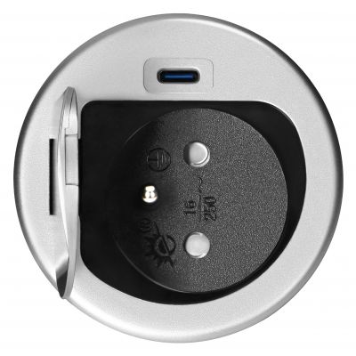 Gniazdo meblowe O6cm wpuszczane w blat z pokrywką, ładowarką USB i przewodem 1,9m, 1x2P+Z (French), (OR-GM-9040/G)