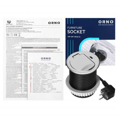 Gniazdo meblowe O6cm wpuszczane w blat z pokrywką, ładowarką USB i przewodem 1,9m, 1x2P+Z (French), (OR-GM-9040/G)