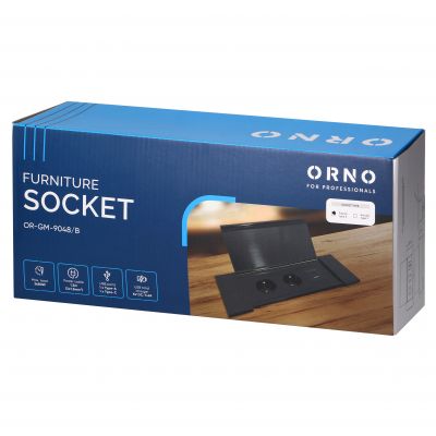 Gniazdo meblowe wpuszczane w blat z płaskim frezowanym rantem, uchylną klapką, ładowarką USB i przew (OR-GM-9048/B)