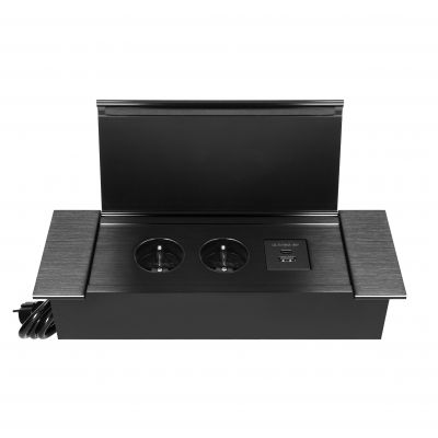 Gniazdo meblowe wpuszczane w blat z płaskim frezowanym rantem, uchylną klapką, ładowarką USB i przew (OR-GM-9048/B)