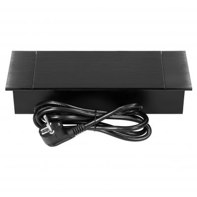 Gniazdo meblowe wpuszczane w blat z płaskim frezowanym rantem, uchylną klapką, ładowarką USB i przew (OR-GM-9048/B)