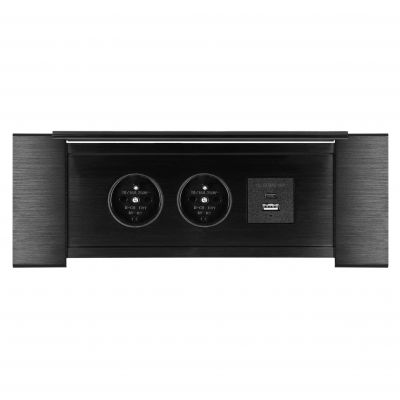 Gniazdo meblowe wpuszczane w blat z płaskim frezowanym rantem, uchylną klapką, ładowarką USB i przew (OR-GM-9048/B)