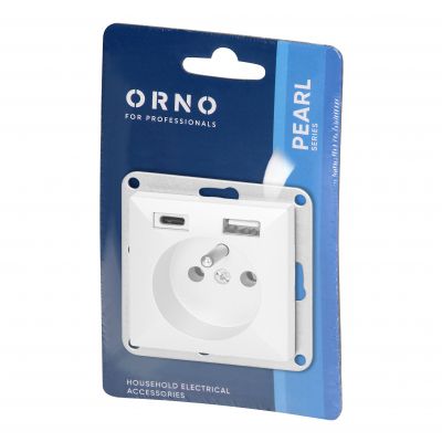 Gniazdo pojedyncze podtynkowe 2P+Z z ładowarką USB A+C Pearl, 16A, 250V, PT-16P/USB, biały (OR-OE-7705/USBAC/W)