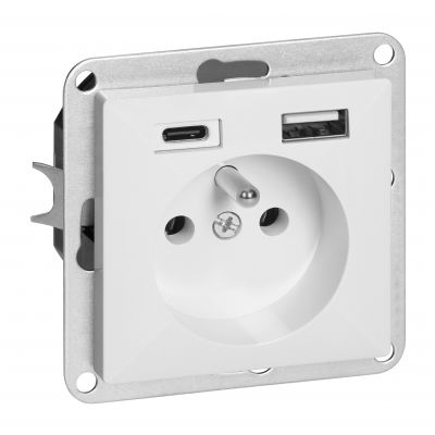 Gniazdo pojedyncze podtynkowe 2P+Z z ładowarką USB A+C Pearl, 16A, 250V, PT-16P/USB, biały (OR-OE-7705/USBAC/W)