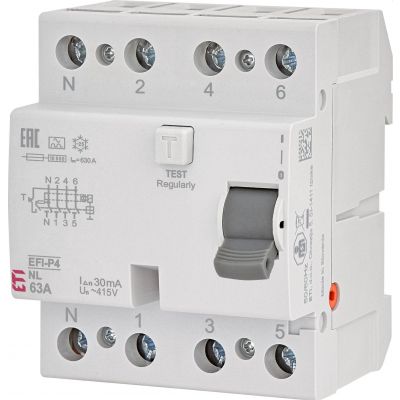 Wyłącznik różnicowoprądowy - N po lewej EFI-P4 A 25/0.03 NL 3P+N 25A 30mA Typ A 002061811 ETI (002061811)