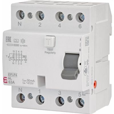 Wyłącznik różnicowoprądowy - N po lewej EFI-P4 A 40/0.1 NL 3P+N 40A 100mA Typ A 002061822 ETI (002061822)