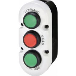 Kaseta szaro-czarna, 3 płaskie przyciski 2NO zielone, 1NC czerwony FORWARD, STOP, REVERSE ESE3-V6 004771444 ETI (004771444)