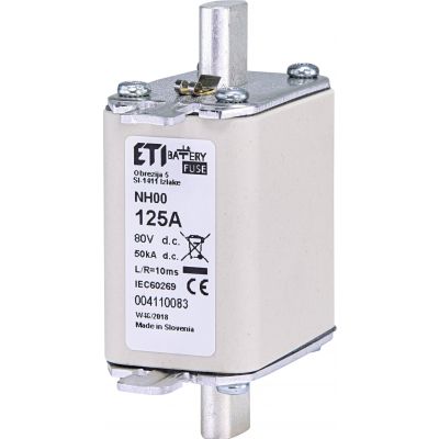 Wkładka topikowa NH do ochrony akumulatorów, magazynów energii DC NH00 gBat 125A 80V DC 004110083 ETI (004110083)
