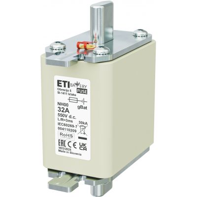 Wkładka topikowa NH do ochrony akumulatorów, magazynów energii DC NH00 gBat 32A 550V DC 004110209 ETI (004110209)