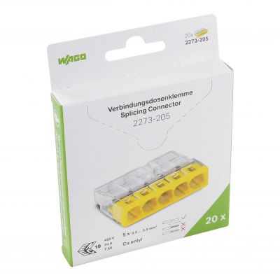 Szybkozłączka 5x 0,5-2,5mm2 transparentna/żółta blister /20szt./ 2273-205/995-020 WAGO (2273-205/995-020)