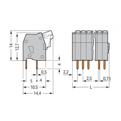 Złączka do płytek drukowanych przycisk 0,5mm2 RM 2,5mm 4-bieg szara /100szt./ WAGO (234-204)
