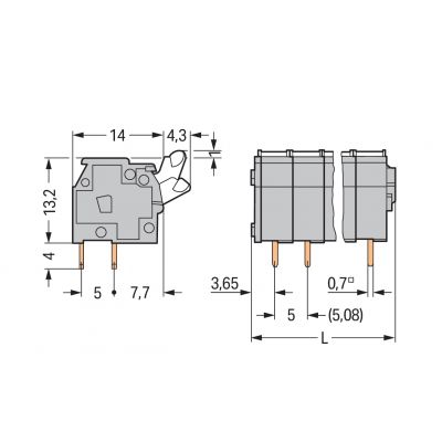 Złączka do płytek drukowanych przycisk 2,5mm2 RM 5/5,08mm 2-bieg szara /100szt./ WAGO (255-402)
