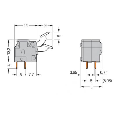 Złączka do płytek drukowanych przycisk ręczny 2,5mm2 RM 5/5,08mm 4-bieg szara /50szt./ WAGO (255-404/333-000)