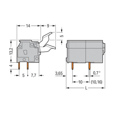Złączka do płytek drukowanych przycisk ręczny 2,5mm2 RM 10/10,16mm 4-bieg szara /25szt./ WAGO (255-604/333-000)