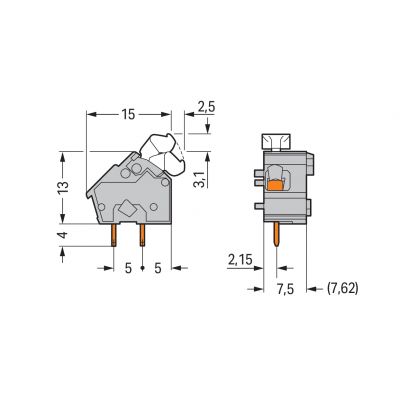 Modularna złączka do płytek drukowanych przycisk 2,5mm2 RM 7,5/7,62mm 1-bieg pomarańczowa /100szt./ WAGO (256-856)