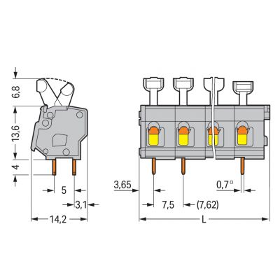 Złączka do płytek drukowanych przycisk 2,5mm2 RM 7,5/7,62mm 9-bieg szara /15szt./ WAGO (257-509)