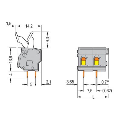 Złączka do płytek drukowanych przycisk ręczny 2,5mm2 RM 7,5/7,62mm 6-bieg szara /25szt./ WAGO (257-506/333-000)