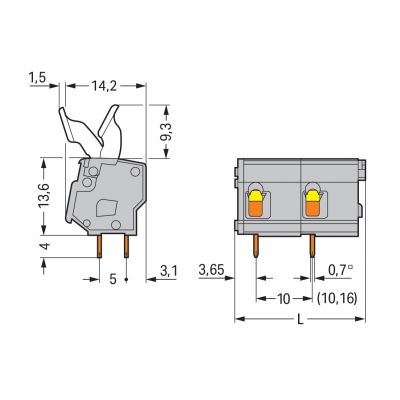 Złączka do płytek drukowanych przycisk ręczny 2,5mm2 RM 10/10,16mm 6-bieg szara /20szt./ WAGO (257-606/333-000)
