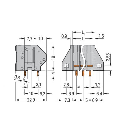 Złączka do płytek drukowanych 4mm2 RM 5mm 5-bieg szara /60szt./ WAGO (745-105/005-000)