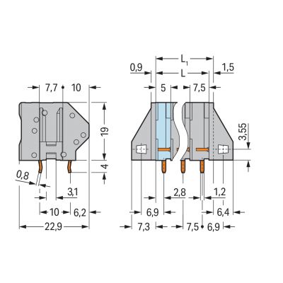 Złączka do płytek drukowanych 4mm2 RM 7,5mm 5-bieg szara /70szt./ WAGO (745-155)