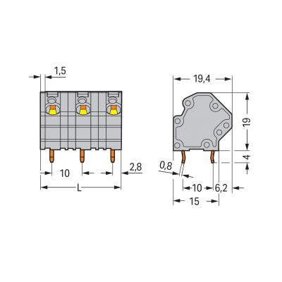 Złączka do płytek drukowanych 4mm2 RM 10mm 9-bieg szara /36szt./ WAGO (745-3209)