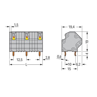 Złączka do płytek drukowanych 4mm2 RM 12,5mm 4-bieg szara /72szt./ WAGO (745-3254)