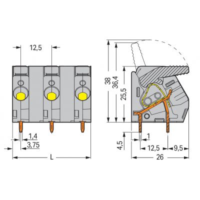 Złączka do płytek drukowanych dźwignia 6mm2 RM 12,5mm 12-bieg szara /5szt./ WAGO (2706-312)