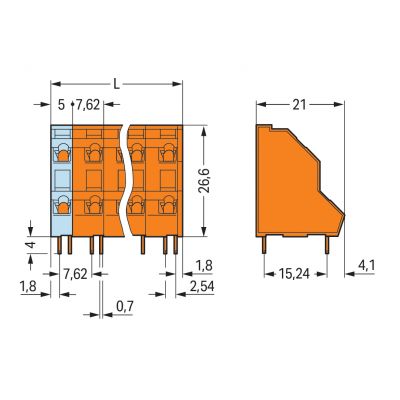 2-piętrowa złączka do płytek drukowanych 2,5mm2 RM 7,62mm 20-bieg pomarańczowa /21szt./ WAGO (736-660)