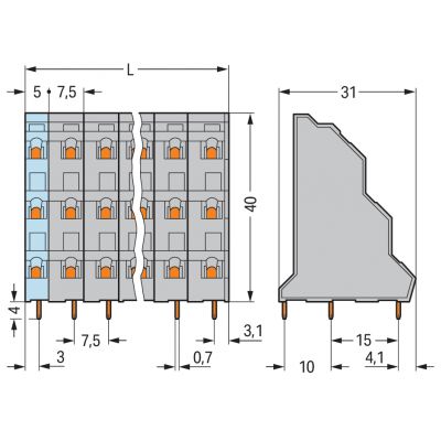 3-piętrowa złączka do płytek drukowanych 2,5mm2 RM 7,5mm 15-bieg szara /24szt./ WAGO (737-505)