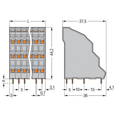 Listwa do płytek drukowanych 4-piętrowa 4x6 biegunowa szara raster 5mm 738-106 /24szt./ WAGO (738-106)
