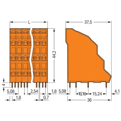 Listwa do płytek drukowanych 4-piętrowa 4x12 biegunowa pomarańczowa raster 5,08mm 738-412 /12szt./ WAGO (738-412)