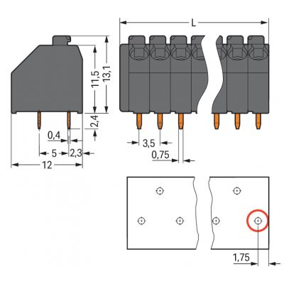 Złączka THR do płytek drukowanych przycisk 1,5mm2 RM 3,5mm 5-bieg czarny /60szt./ WAGO (250-205/353-604)