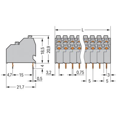 Dwupiętrowa listwa zaciskowa 3-biegunowa szara raster 5mm 250-703 /45szt./ WAGO (250-703)