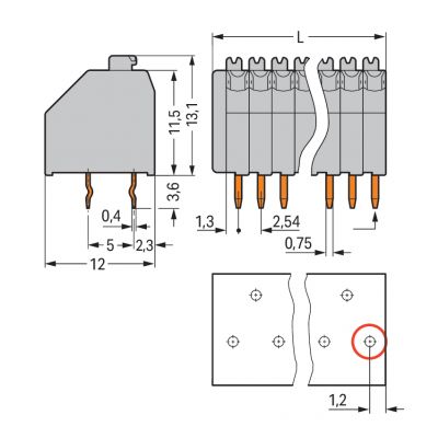 Złączka do płytek drukowanych przycisk 0,5mm2 RM 2,54mm 15-bieg szara /30szt./ WAGO (250-1415)