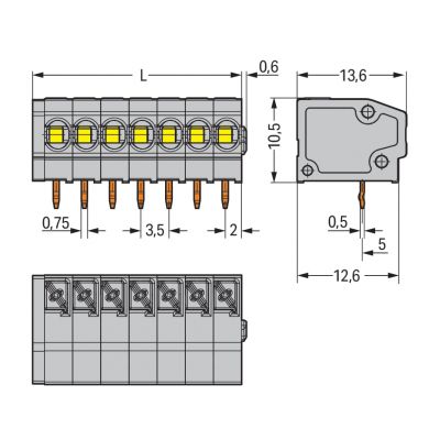 Złączka do płytek drukowanych przycisk 1,5mm2 RM 3,5mm 2-bieg szara /150szt./ WAGO (805-352)