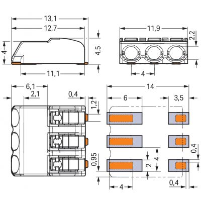 Złączka SMD do płytek drukowanych przycisk 0,75mm2 raster 4mm 3-bieg. biała /750szt./ WAGO (2060-453/998-404)