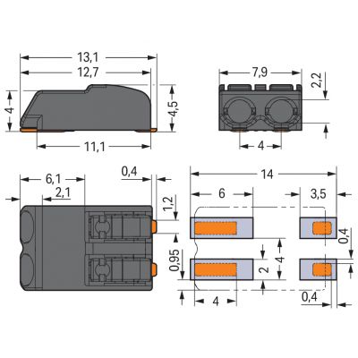 Złączka SMD do płytek drukowanych przycisk 0,75mm2 raster 4mm 2-bieg. czarna /1000szt./ WAGO (2060-472/998-404)