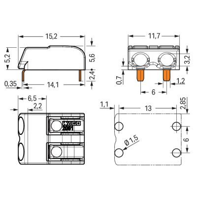 Złączka THR do płytek drukowanych przycisk 1,5mm2 raster 6mm 2-bieg. biała /480szt./ WAGO (2061-1602/998-404)